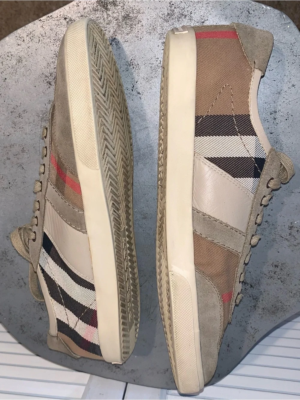 Burberry Nova Check Low Top Sneakers Suede Canvas Tan Brown Plaid Size 45/12